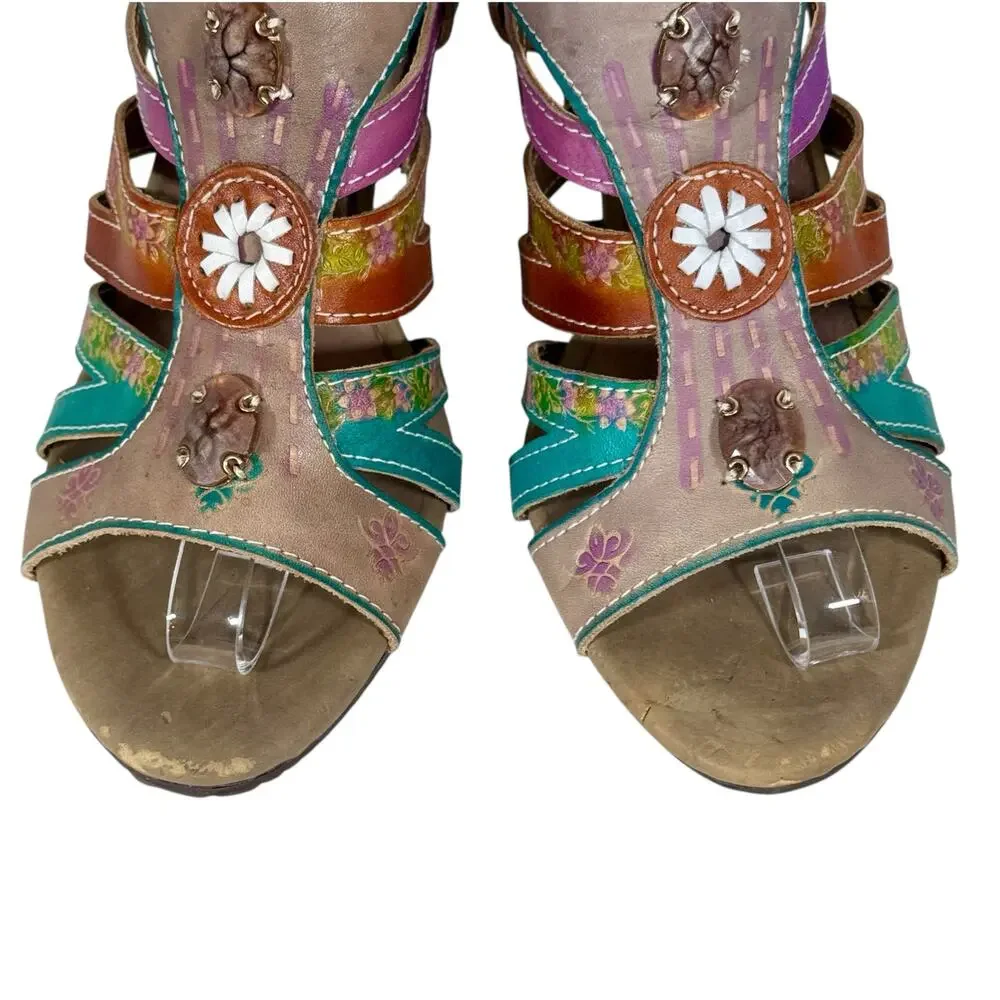Spring Step L'Artiste Women's 39 US 8.5 Leather Boho Open Toe Heeled Sandals - Picture 4 of 13